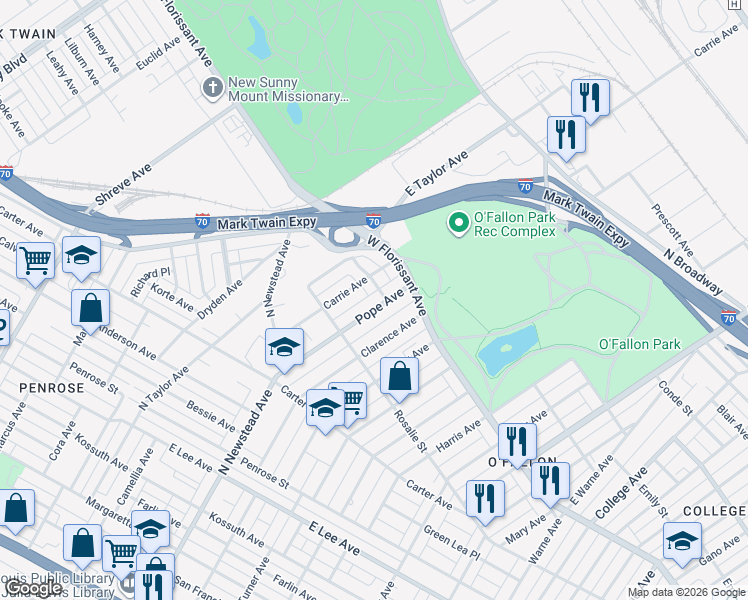 map of restaurants, bars, coffee shops, grocery stores, and more near 4651 Pope Avenue in St. Louis