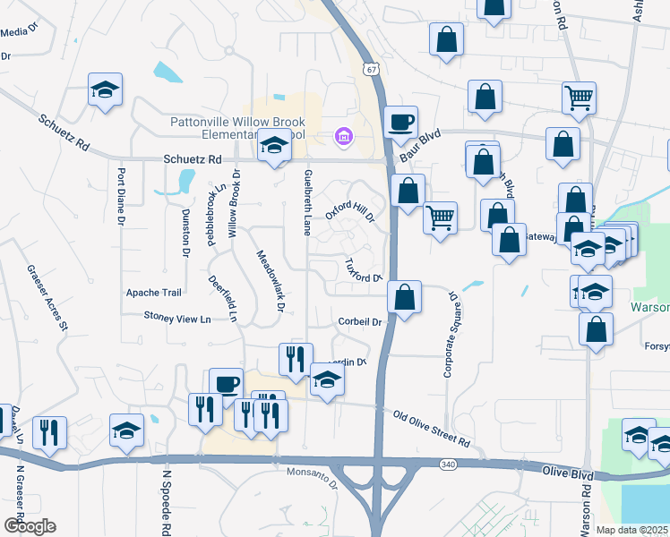 map of restaurants, bars, coffee shops, grocery stores, and more near 10375 Forest Brook Lane in St. Louis