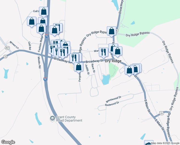 map of restaurants, bars, coffee shops, grocery stores, and more near 25 Judith Street in Dry Ridge