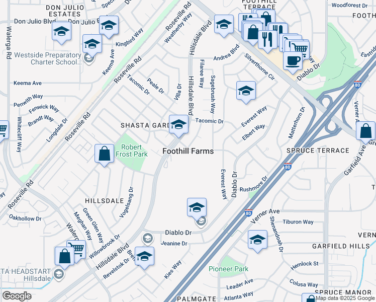 map of restaurants, bars, coffee shops, grocery stores, and more near in Foothill Farms