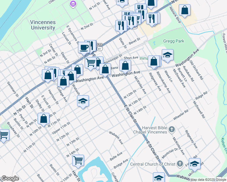map of restaurants, bars, coffee shops, grocery stores, and more near 1115 East Saint Clair Street in Vincennes