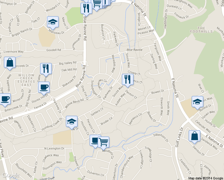 map of restaurants, bars, coffee shops, grocery stores, and more near 1553 Parkway Drive in Folsom
