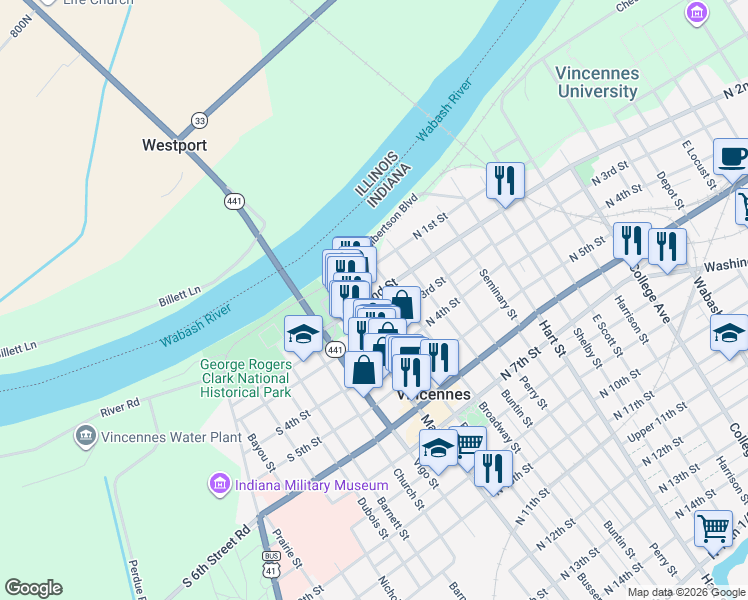 map of restaurants, bars, coffee shops, grocery stores, and more near 127 North 2nd Street in Vincennes