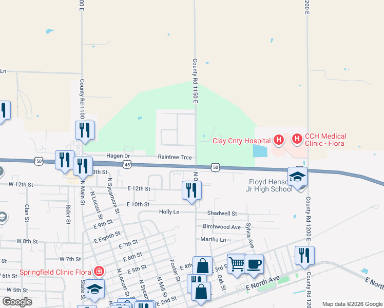 map of restaurants, bars, coffee shops, grocery stores, and more near 1 Raintree Trce in Flora