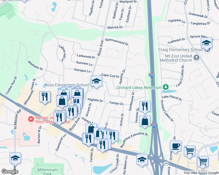 map of restaurants, bars, coffee shops, grocery stores, and more near 12401 Betsy Ross Lane in Saint Louis