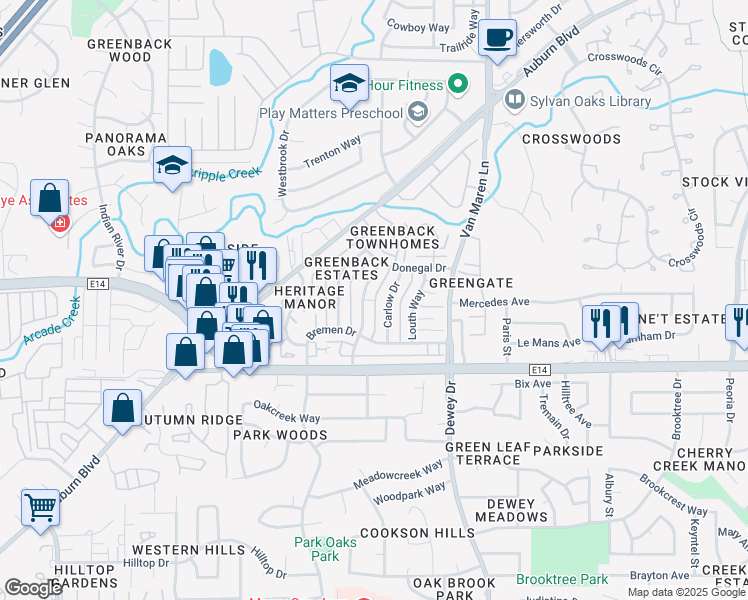 map of restaurants, bars, coffee shops, grocery stores, and more near 6248 Longford Drive in Citrus Heights