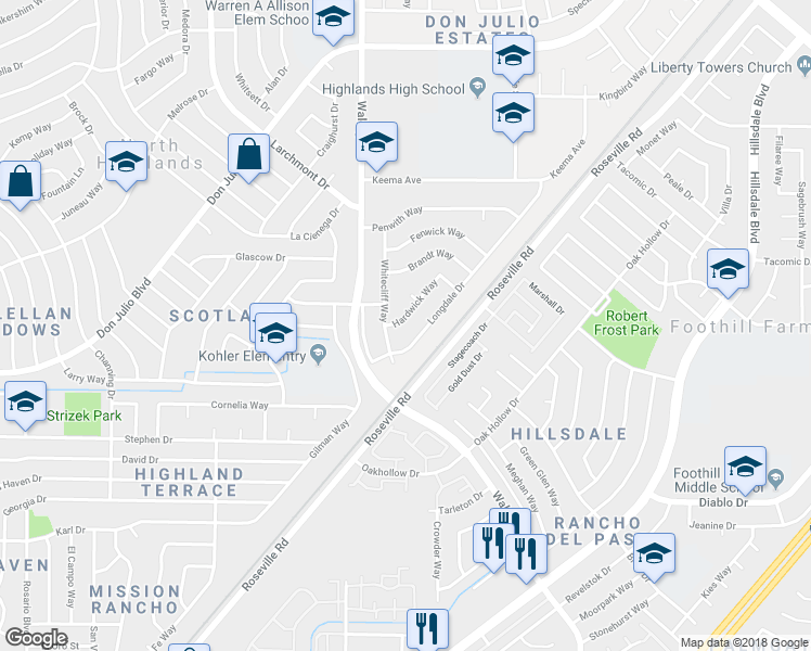 map of restaurants, bars, coffee shops, grocery stores, and more near 4408 Hardwick Way in North Highlands