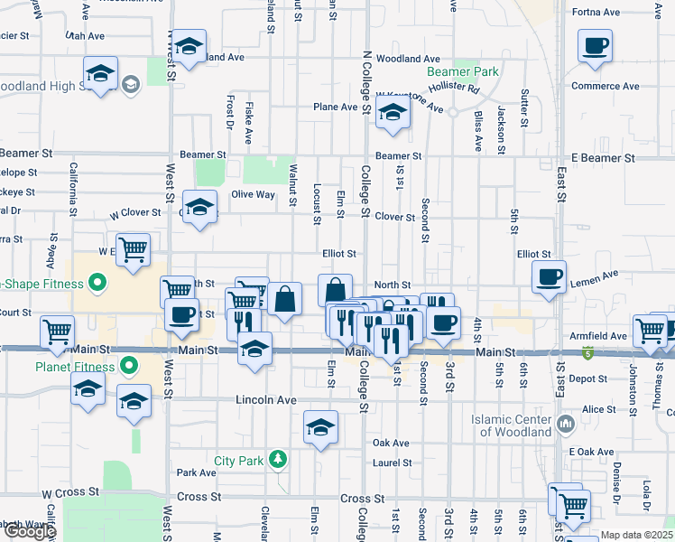 map of restaurants, bars, coffee shops, grocery stores, and more near 171 Elm Street in Woodland