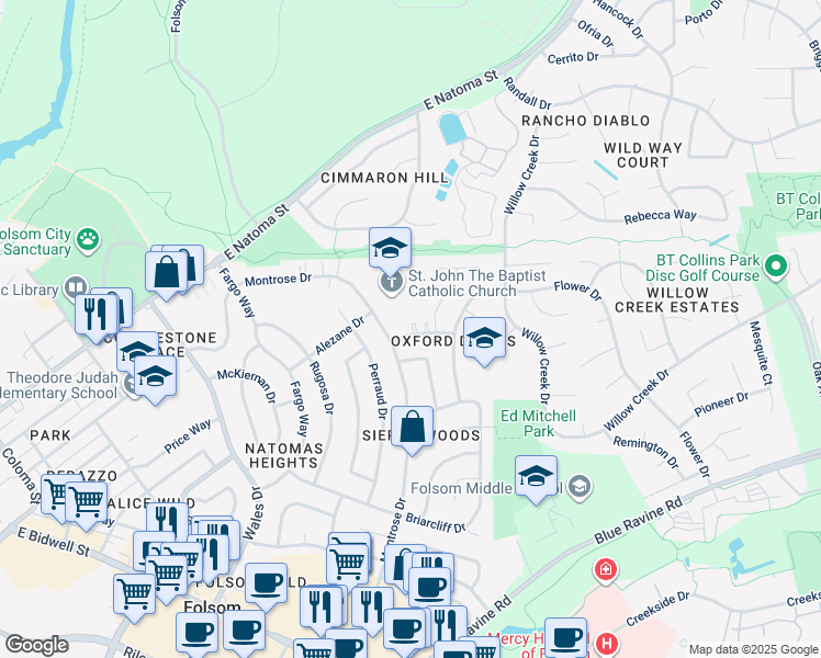 map of restaurants, bars, coffee shops, grocery stores, and more near 205 Talisman Drive in Folsom