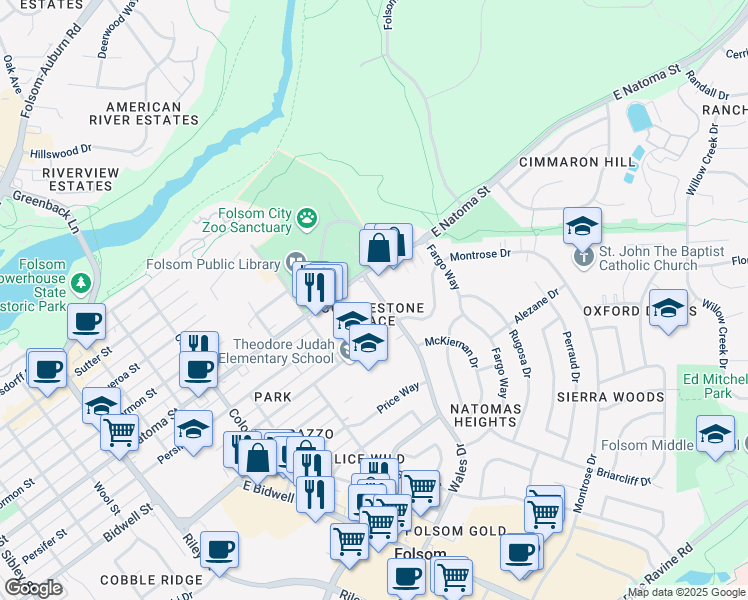 map of restaurants, bars, coffee shops, grocery stores, and more near 63 Natoma Street in Folsom