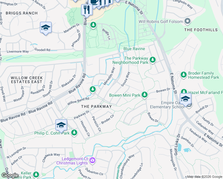 map of restaurants, bars, coffee shops, grocery stores, and more near 1553 Parkway Drive in Folsom