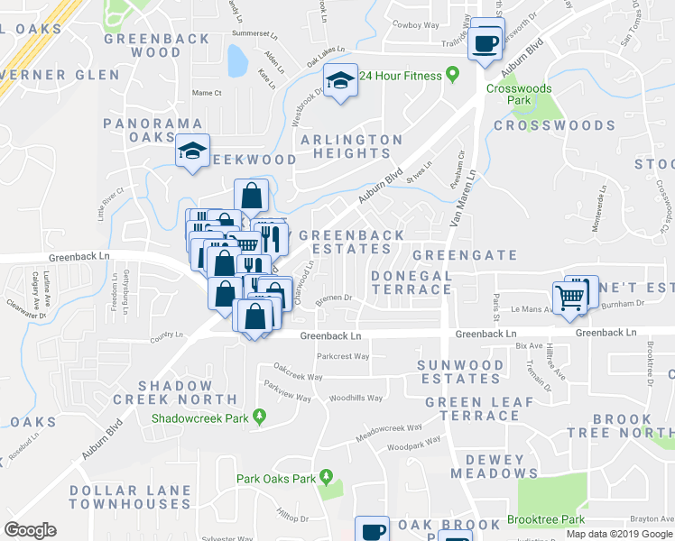 map of restaurants, bars, coffee shops, grocery stores, and more near 6245 Cavan Drive in Citrus Heights
