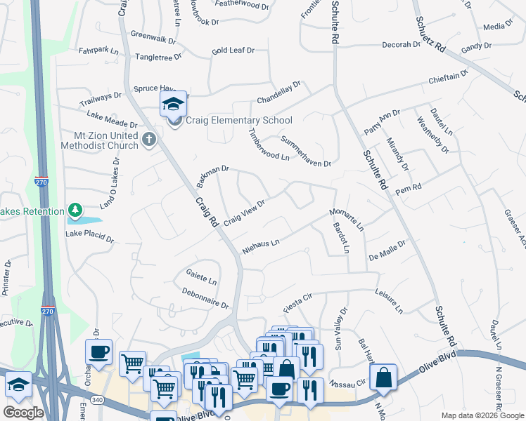 map of restaurants, bars, coffee shops, grocery stores, and more near 11912 Craig View Dr in St Louis
