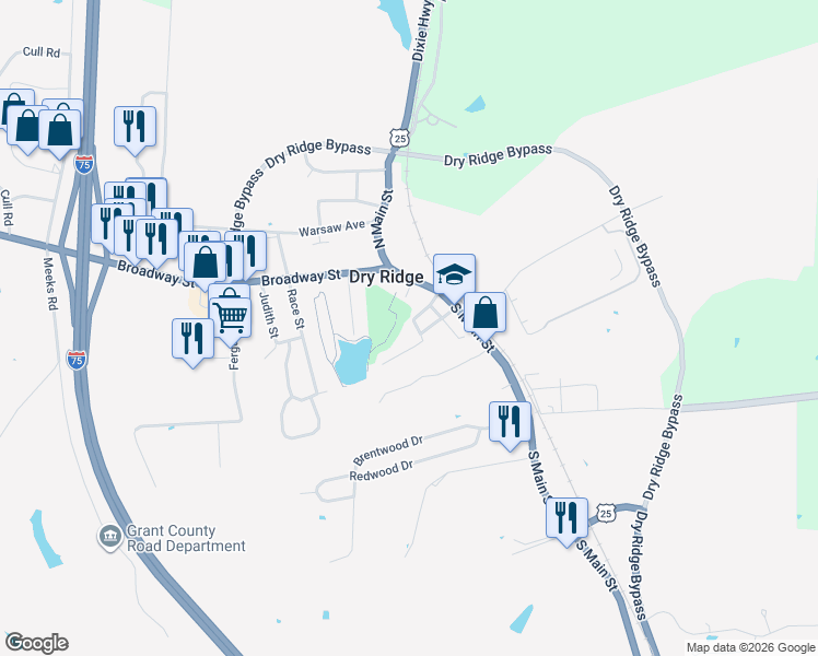 map of restaurants, bars, coffee shops, grocery stores, and more near 12 Cross Street in Dry Ridge