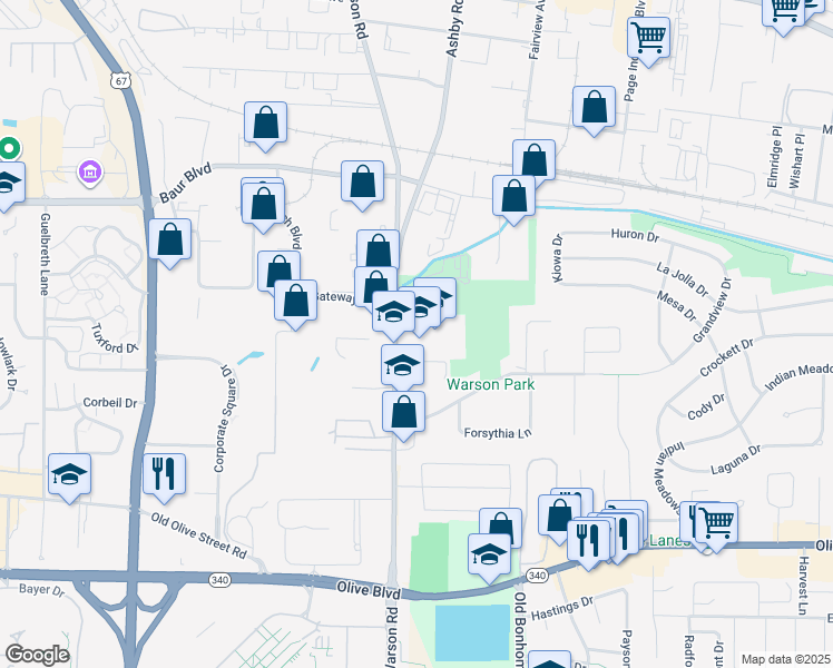 map of restaurants, bars, coffee shops, grocery stores, and more near 1146 North Warson Road in St. Louis