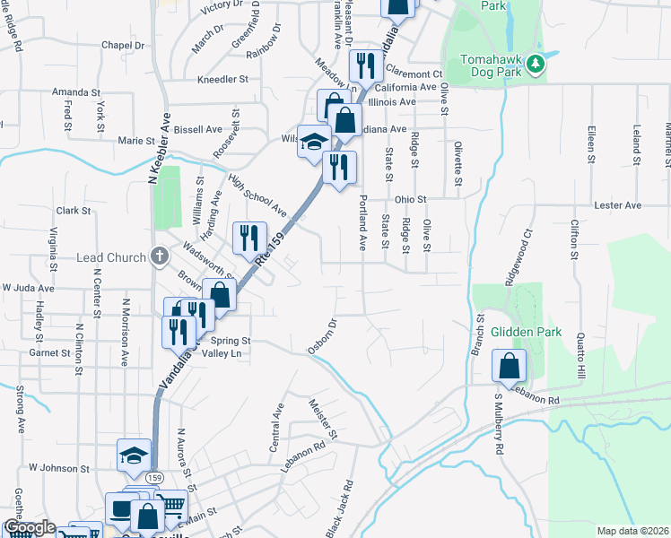map of restaurants, bars, coffee shops, grocery stores, and more near 546 Penn Street in Collinsville