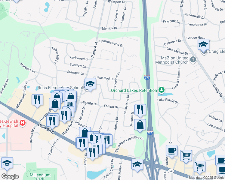map of restaurants, bars, coffee shops, grocery stores, and more near 1235 Hyannis Drive in St. Louis