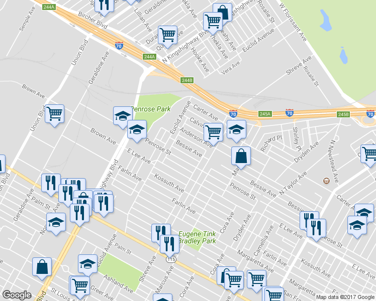map of restaurants, bars, coffee shops, grocery stores, and more near 4850 Bessie Avenue in St. Louis
