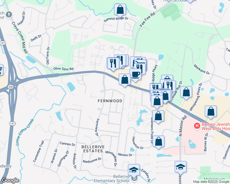 map of restaurants, bars, coffee shops, grocery stores, and more near 12924 Fernway Lane in Creve Coeur