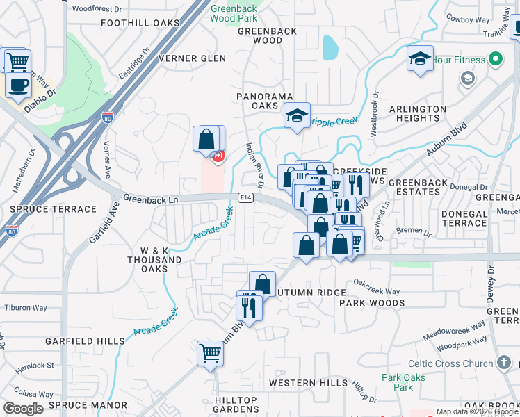 map of restaurants, bars, coffee shops, grocery stores, and more near 6200 Greenback Lane in Citrus Heights