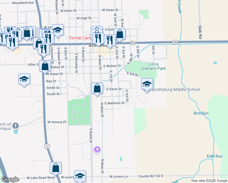 map of restaurants, bars, coffee shops, grocery stores, and more near 637 S 1st St in Scottsburg