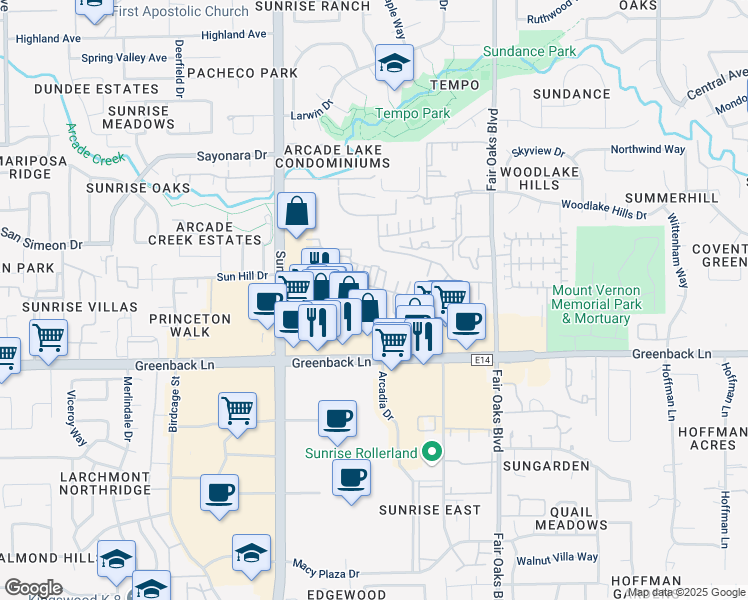 map of restaurants, bars, coffee shops, grocery stores, and more near 7983 Arcadia Drive in Citrus Heights