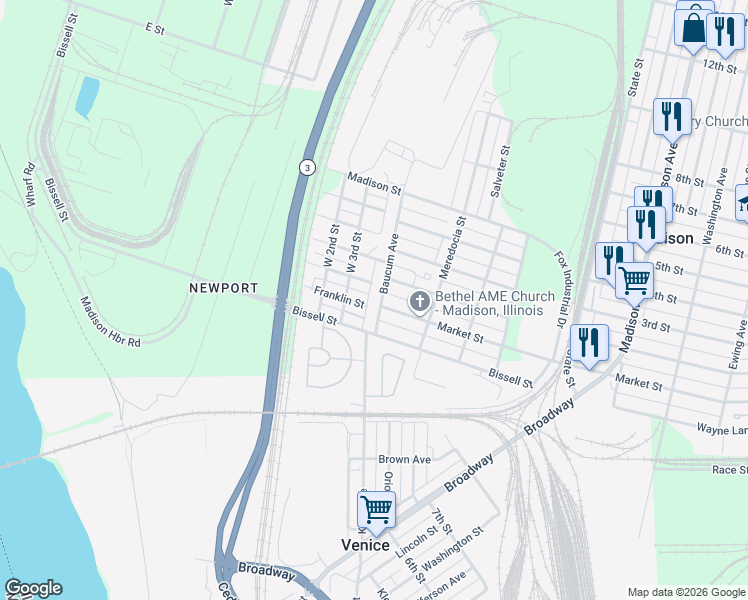 map of restaurants, bars, coffee shops, grocery stores, and more near 107 Baucum Avenue in Madison