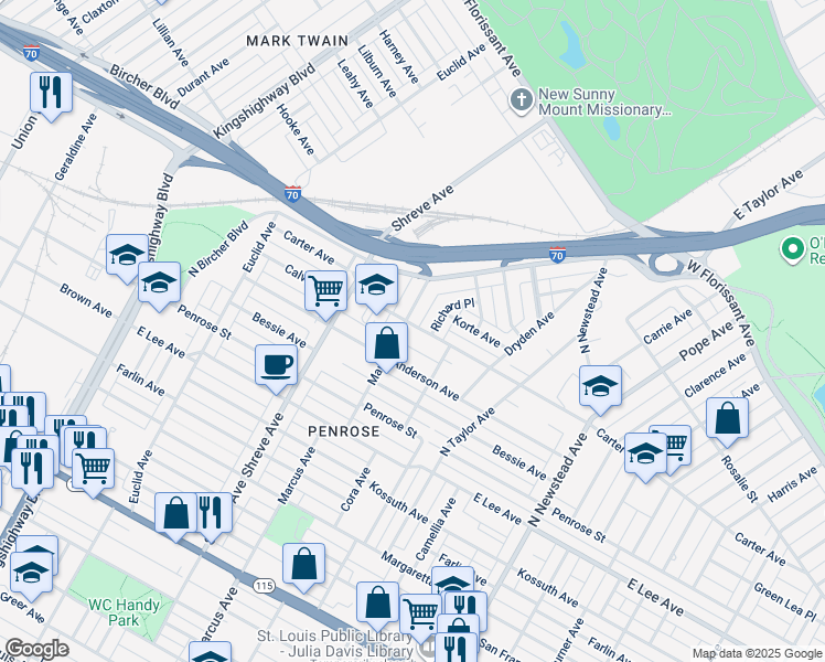 map of restaurants, bars, coffee shops, grocery stores, and more near 4627 Carter Avenue in St. Louis