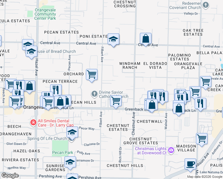 map of restaurants, bars, coffee shops, grocery stores, and more near 6300 Filbert Avenue in Orangevale