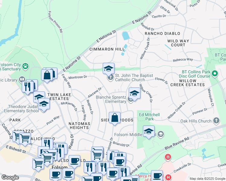 map of restaurants, bars, coffee shops, grocery stores, and more near 203 Talisman Drive in Folsom