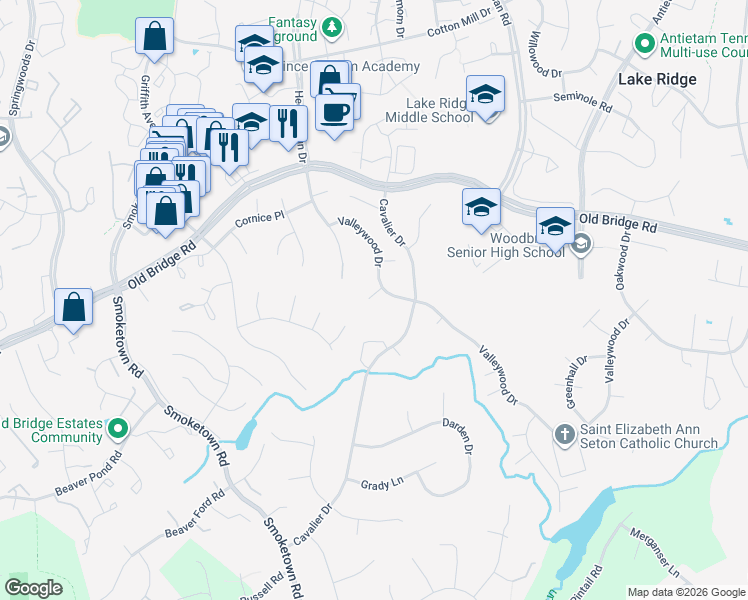 map of restaurants, bars, coffee shops, grocery stores, and more near 12871 Valleywood Drive in Woodbridge