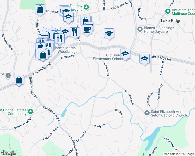 map of restaurants, bars, coffee shops, grocery stores, and more near 12871 Valleywood Drive in Woodbridge