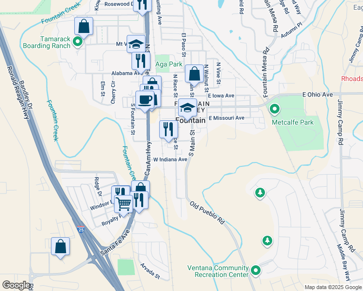 map of restaurants, bars, coffee shops, grocery stores, and more near 302 North Race Street in Fountain