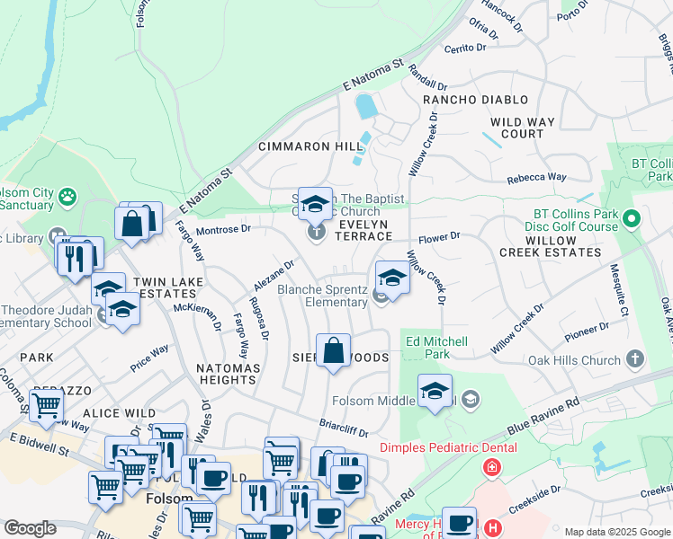 map of restaurants, bars, coffee shops, grocery stores, and more near 205 Talisman Drive in Folsom