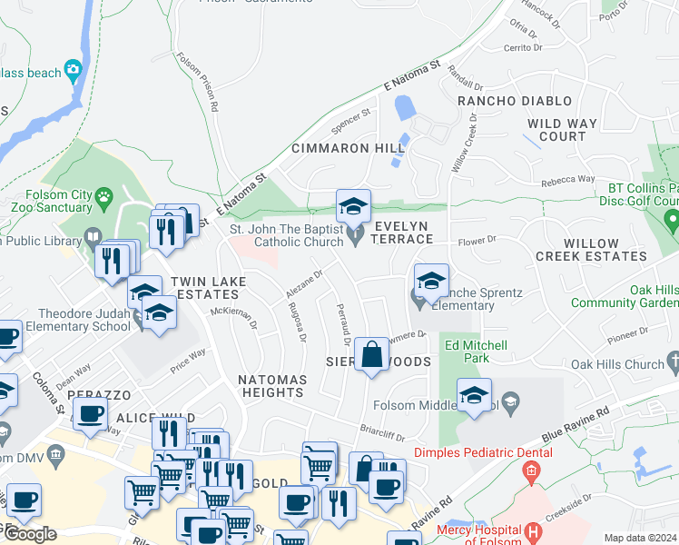 map of restaurants, bars, coffee shops, grocery stores, and more near 272 Montrose Drive in Folsom