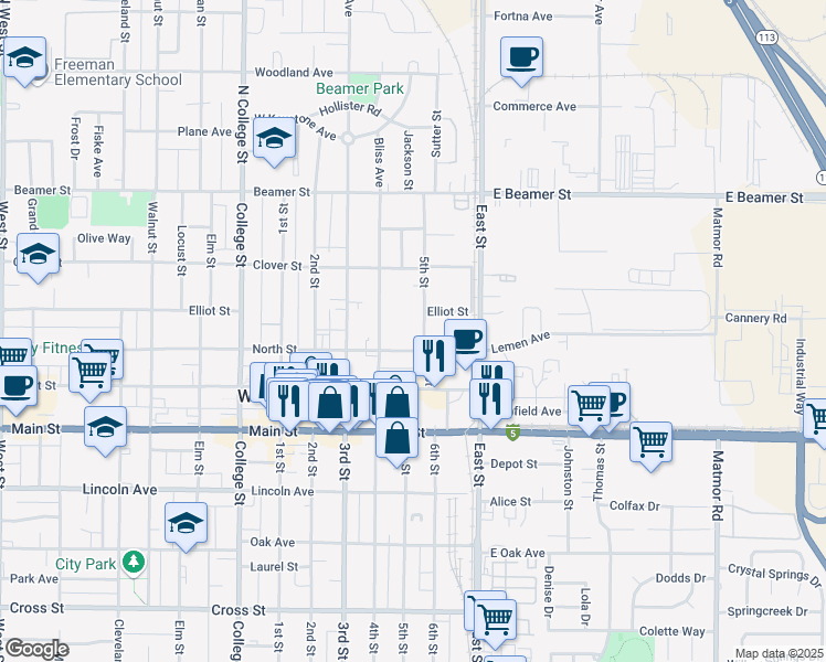 map of restaurants, bars, coffee shops, grocery stores, and more near 925 North Street in Woodland