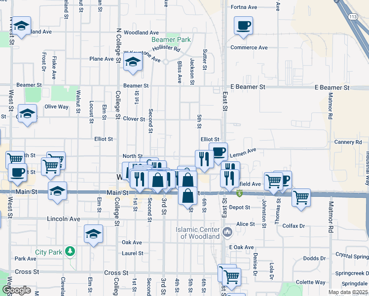map of restaurants, bars, coffee shops, grocery stores, and more near 925 North Street in Woodland
