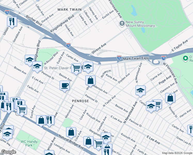 map of restaurants, bars, coffee shops, grocery stores, and more near 4627 Carter Avenue in St. Louis