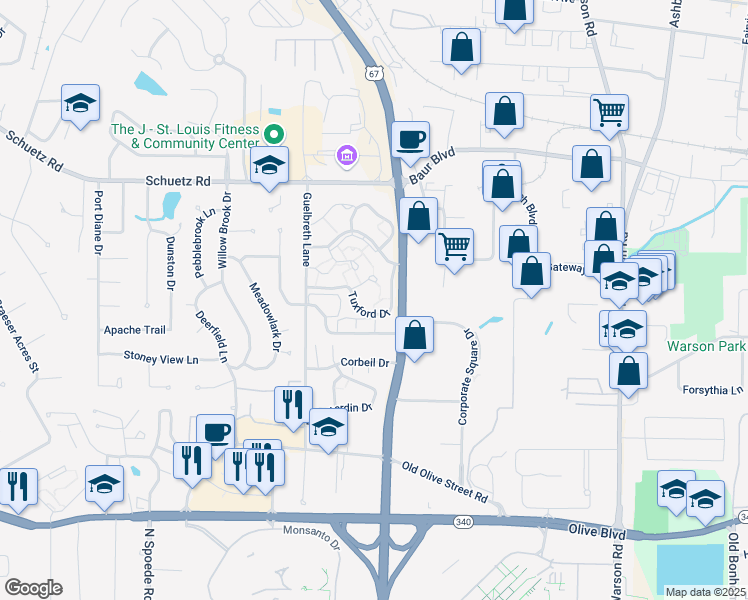 map of restaurants, bars, coffee shops, grocery stores, and more near 10309 Tuxford Drive in St. Louis