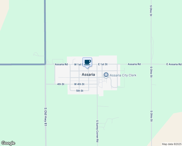 map of restaurants, bars, coffee shops, grocery stores, and more near 133 East 2nd Street in Assaria