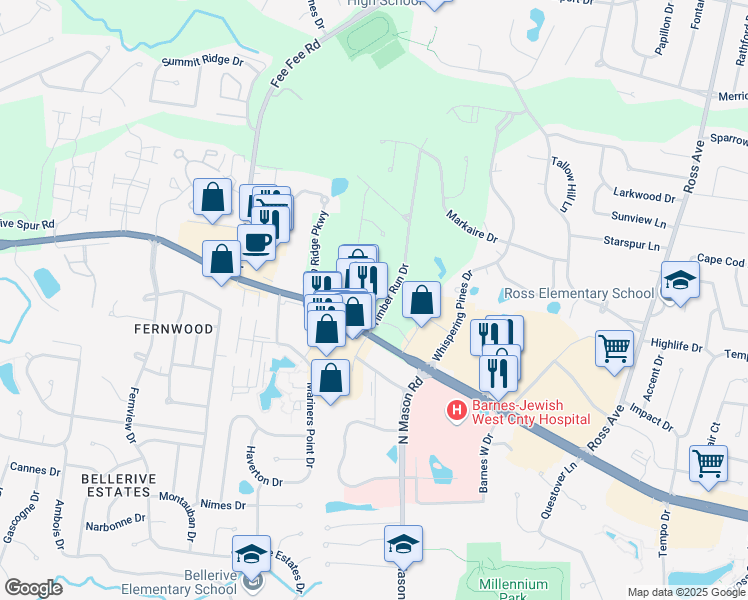 map of restaurants, bars, coffee shops, grocery stores, and more near 1127 Timber Run Drive in St. Louis