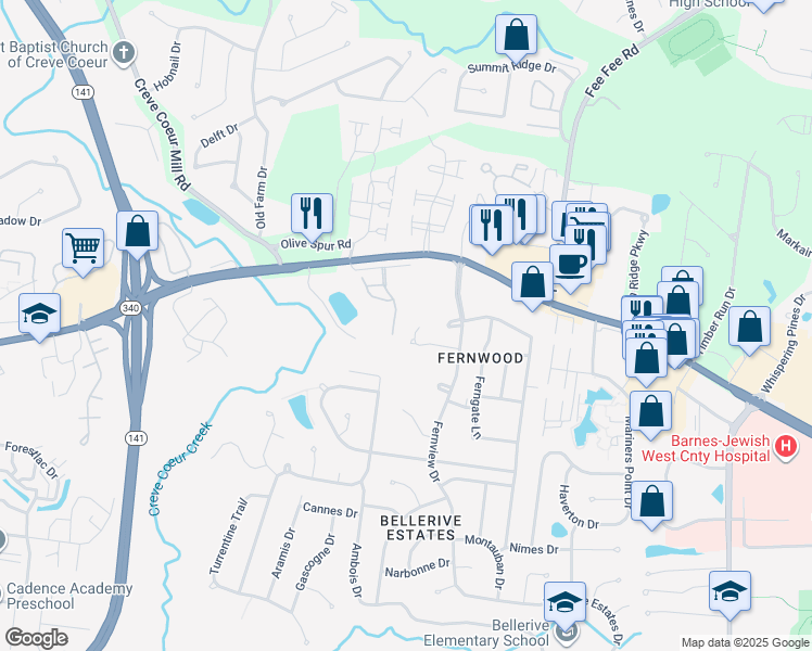 map of restaurants, bars, coffee shops, grocery stores, and more near 13078 Ferntrails Lane in Creve Coeur