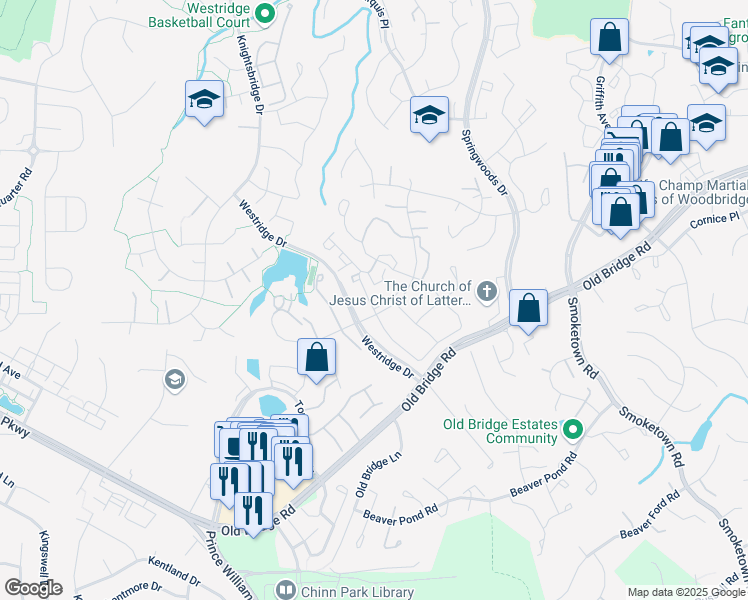 map of restaurants, bars, coffee shops, grocery stores, and more near 4104 Churchman Way in Woodbridge