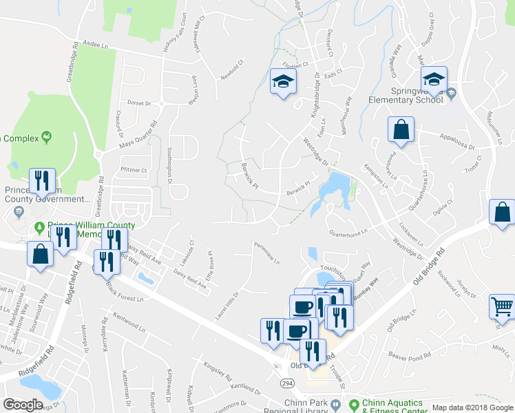 map of restaurants, bars, coffee shops, grocery stores, and more near 12714 Knightsbridge Drive in Woodbridge