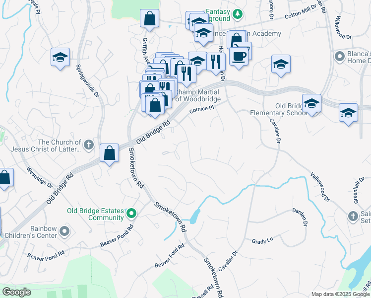 map of restaurants, bars, coffee shops, grocery stores, and more near 12560 Cricket Lane in Woodbridge