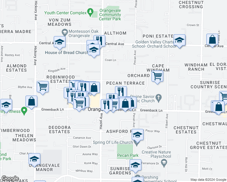 map of restaurants, bars, coffee shops, grocery stores, and more near 8934 Woodward Way in Orangevale