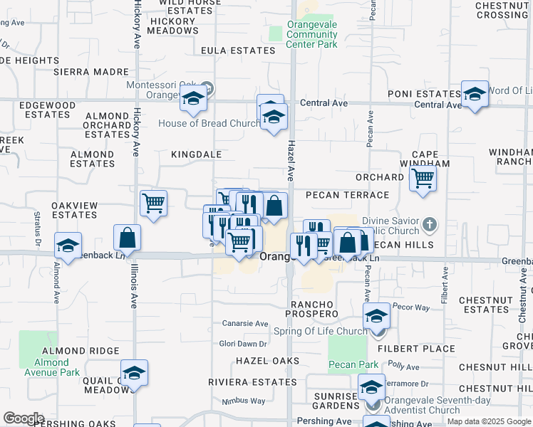 map of restaurants, bars, coffee shops, grocery stores, and more near 8870 Cerezo Drive in Orangevale