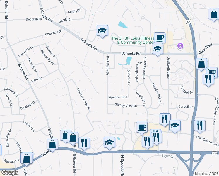 map of restaurants, bars, coffee shops, grocery stores, and more near 11149 Yellowstone Drive in St. Louis