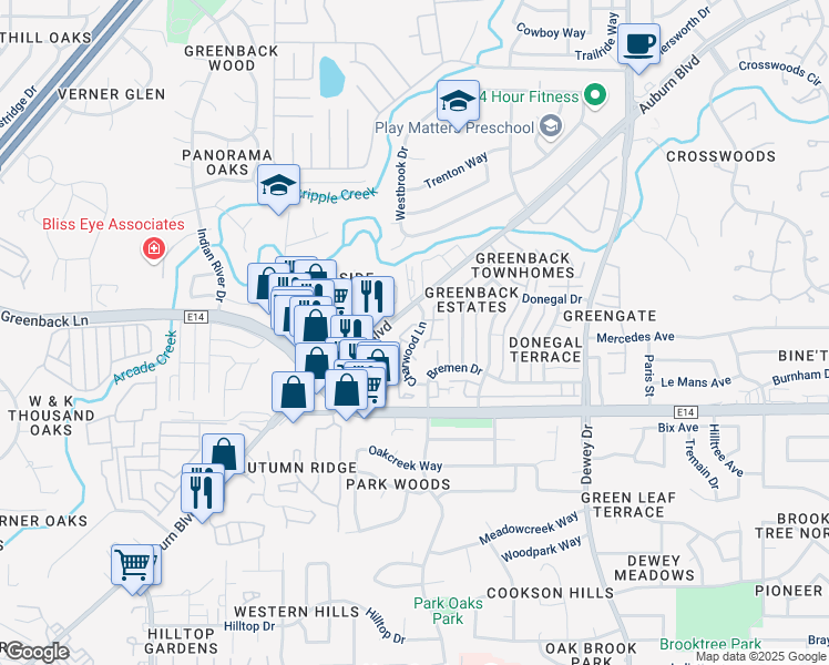 map of restaurants, bars, coffee shops, grocery stores, and more near 6338 Charwood Lane in Citrus Heights