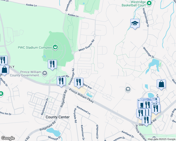 map of restaurants, bars, coffee shops, grocery stores, and more near 12603 Terranova Lane in Woodbridge